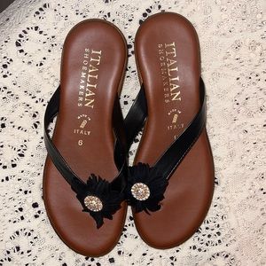 Leather tan/black embellished floral sandals made in Italy size 6.